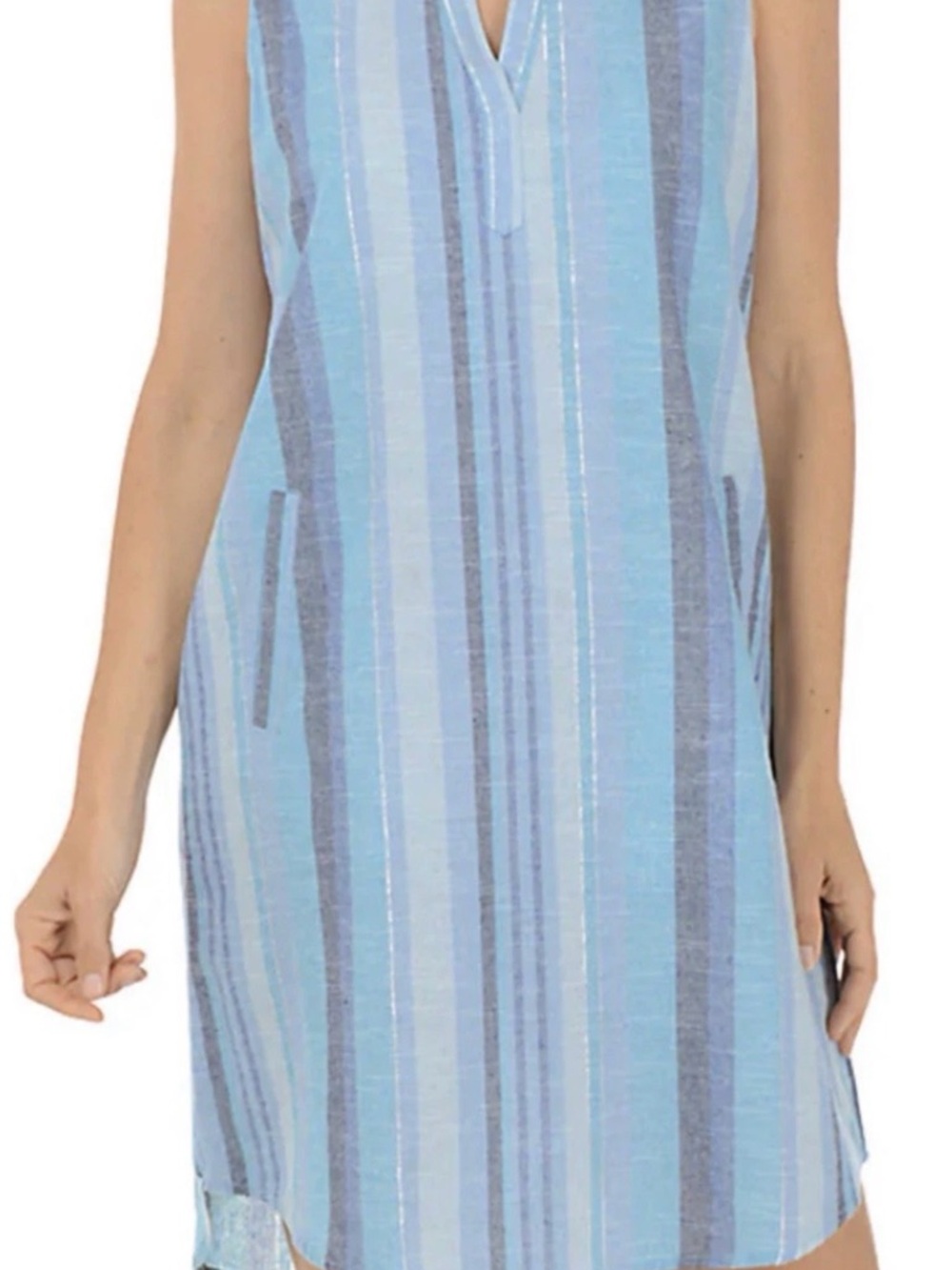 Mlle Gabrielle Striped Collar V-Neck Sleeveless Cotton Midi Dress Blue Gray